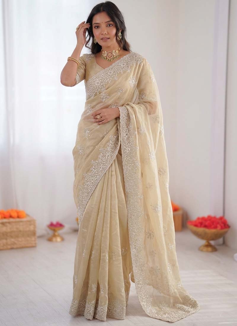 Prazu Fashion Cream Thread Work Organza Silk Party Wear Saree - Distacart