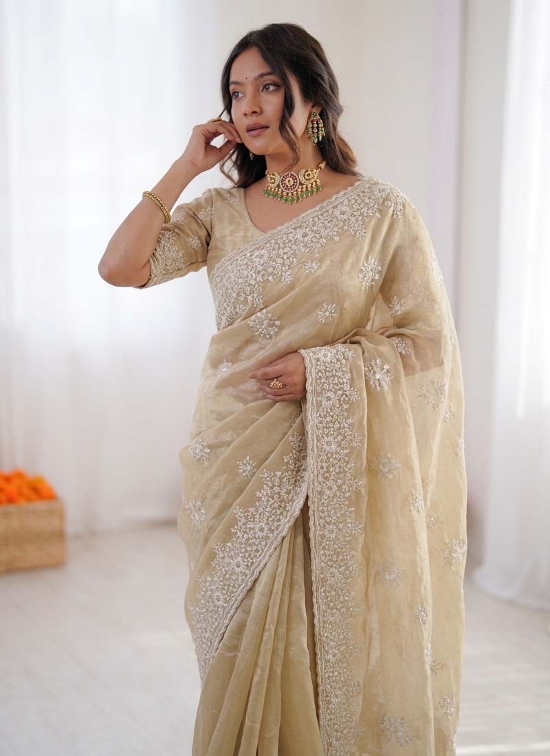 Prazu Fashion Cream Thread Work Organza Silk Party Wear Saree - Distacart