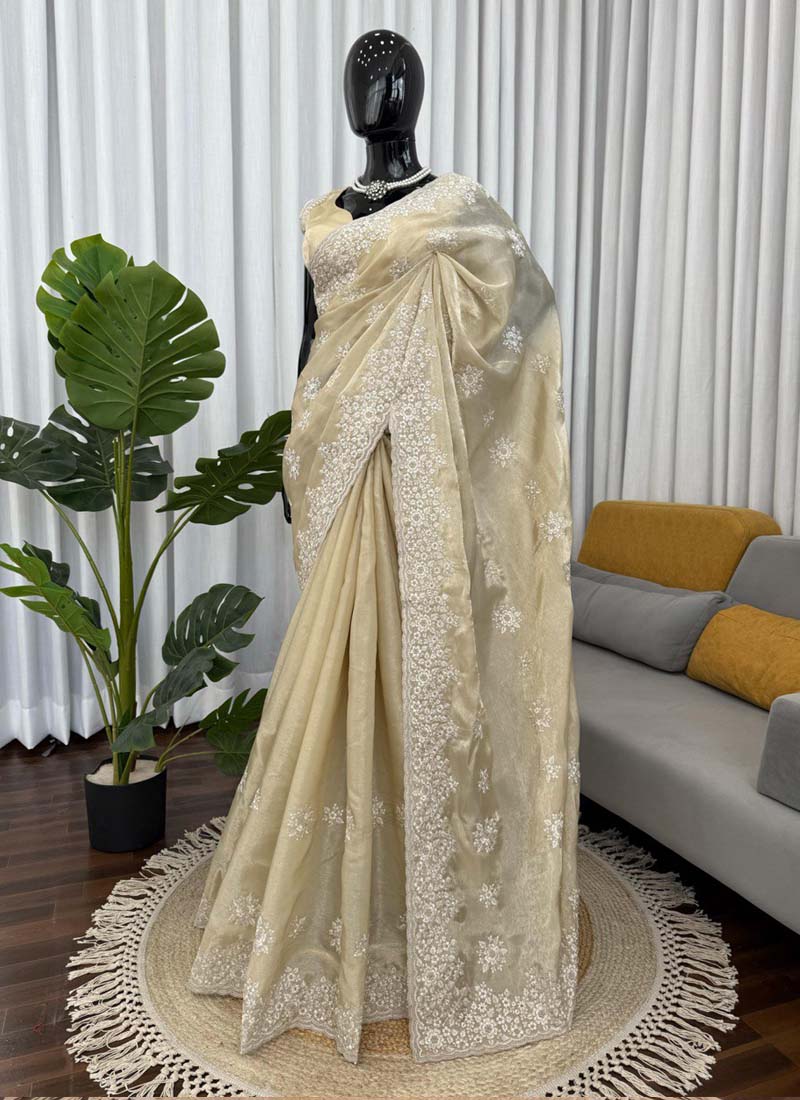 Prazu Fashion Cream Thread Work Organza Silk Party Wear Saree - Distacart