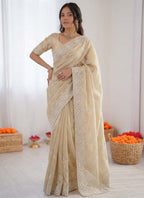Prazu Fashion Cream Thread Work Organza Silk Party Wear Saree - Distacart