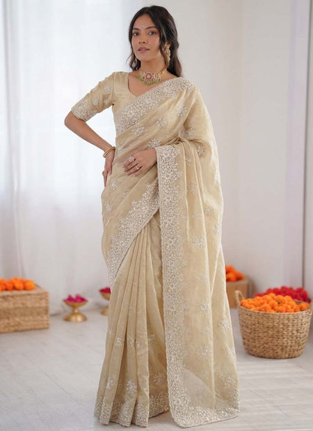 Prazu Fashion Cream Thread Work Organza Silk Party Wear Saree