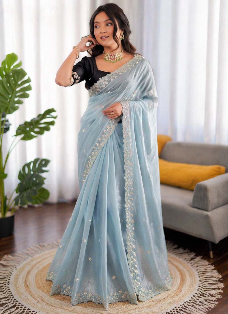 Prazu Fashion Sky Blue Sequence Beds Work Organza Silk Party Wear Saree - Distacart