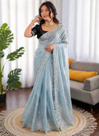 Prazu Fashion Sky Blue Sequence Beds Work Organza Silk Party Wear Saree - Distacart