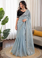 Prazu Fashion Sky Blue Sequence Beds Work Organza Silk Party Wear Saree - Distacart