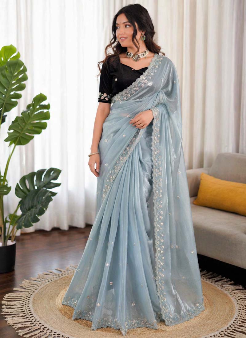 Prazu Fashion Sky Blue Sequence Beds Work Organza Silk Party Wear Saree - Distacart