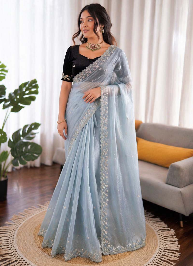Prazu Fashion Sky Blue Sequence Beds Work Organza Silk Party Wear Saree - Distacart