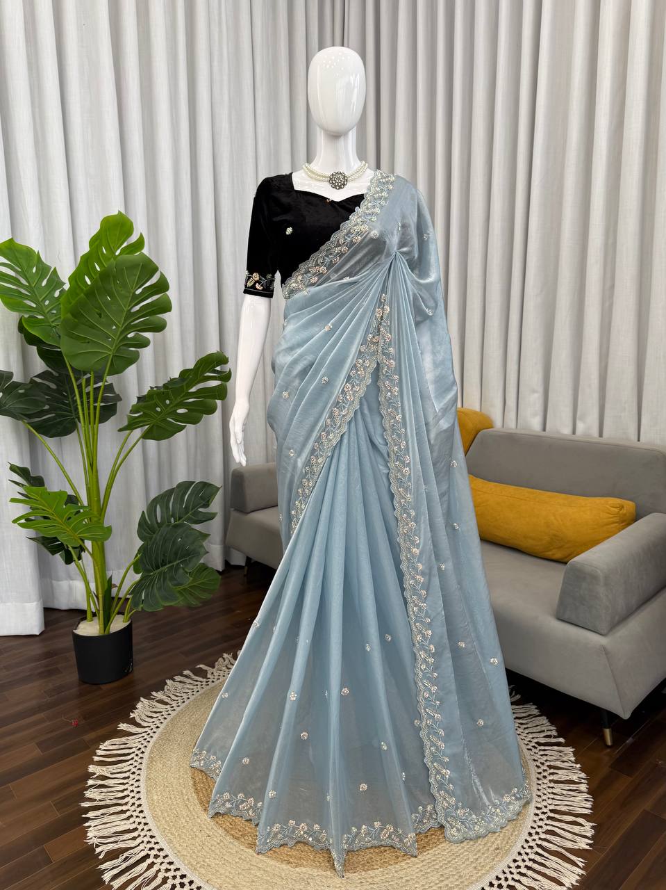 Prazu Fashion Sky Blue Sequence Beds Work Organza Silk Party Wear Saree - Distacart