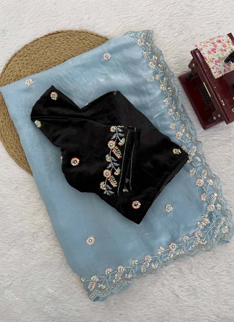 Prazu Fashion Sky Blue Sequence Beds Work Organza Silk Party Wear Saree - Distacart