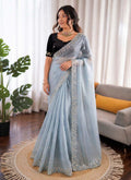 Prazu Fashion Sky Blue Sequence Beds Work Organza Silk Party Wear Saree - Distacart