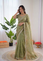 Prazu Fashion Mehendi Sequence Beds Work Organza Silk Party Wear Saree - Distacart