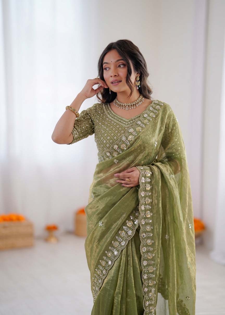 Prazu Fashion Mehendi Sequence Beds Work Organza Silk Party Wear Saree - Distacart