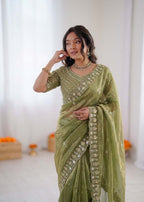 Prazu Fashion Mehendi Sequence Beds Work Organza Silk Party Wear Saree - Distacart