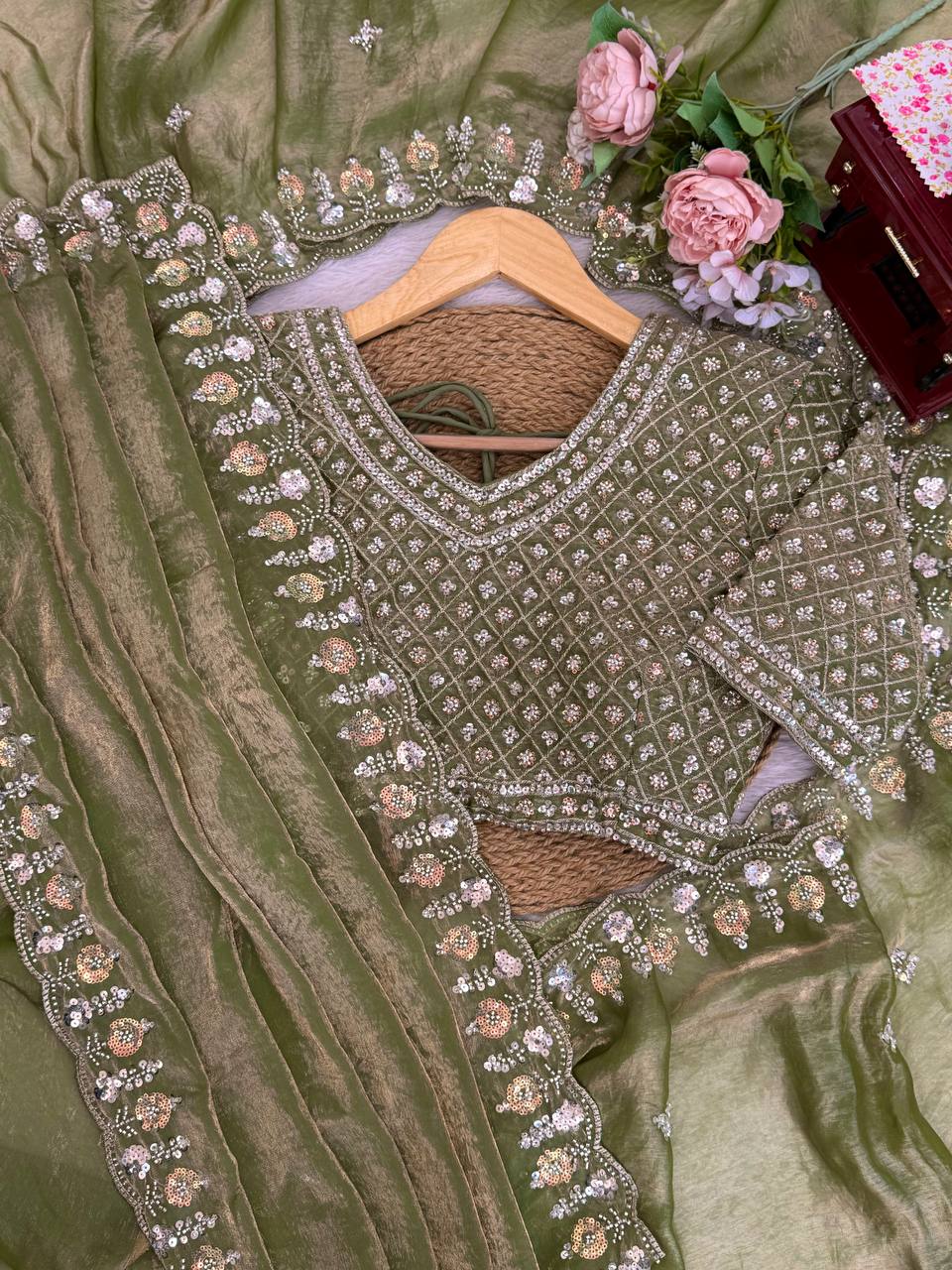 Prazu Fashion Mehendi Sequence Beds Work Organza Silk Party Wear Saree - Distacart