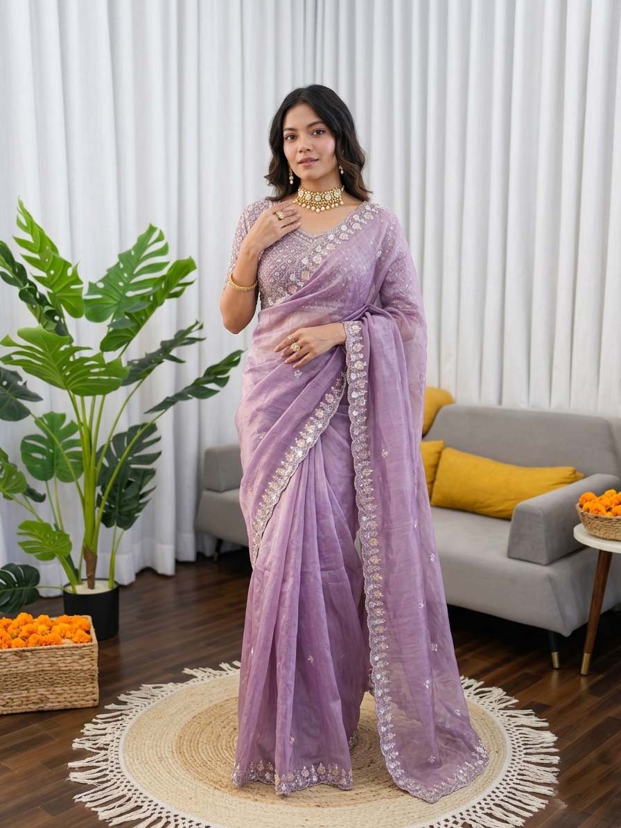 Prazu Fashion Lavender Sequence Beds Work Organza Silk Party Wear Saree - Distacart