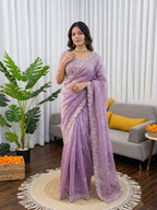 Prazu Fashion Lavender Sequence Beds Work Organza Silk Party Wear Saree - Distacart