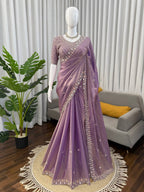 Prazu Fashion Lavender Sequence Beds Work Organza Silk Party Wear Saree - Distacart