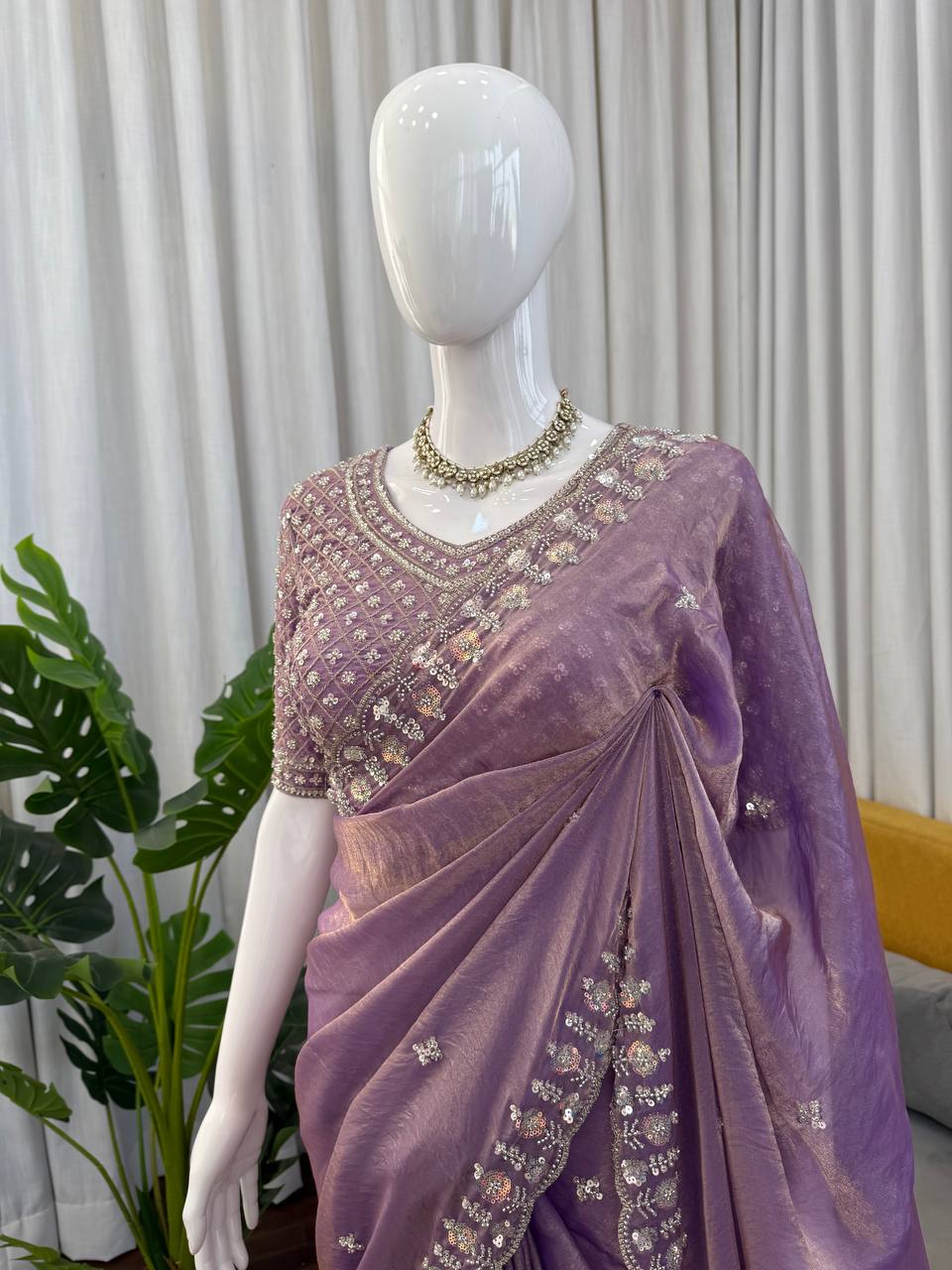 Prazu Fashion Lavender Sequence Beds Work Organza Silk Party Wear Saree - Distacart