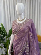 Prazu Fashion Lavender Sequence Beds Work Organza Silk Party Wear Saree - Distacart
