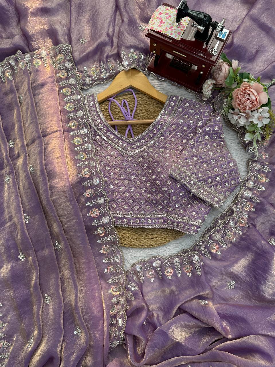 Prazu Fashion Lavender Sequence Beds Work Organza Silk Party Wear Saree - Distacart