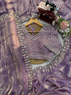 Prazu Fashion Lavender Sequence Beds Work Organza Silk Party Wear Saree - Distacart