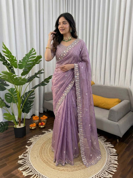 Prazu Fashion Lavender Sequence Beds Work Organza Silk Party Wear Saree
