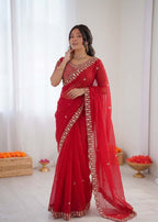 Prazu Fashion Red Sequence Beds Work Organza Silk Party Wear Saree - Distacart
