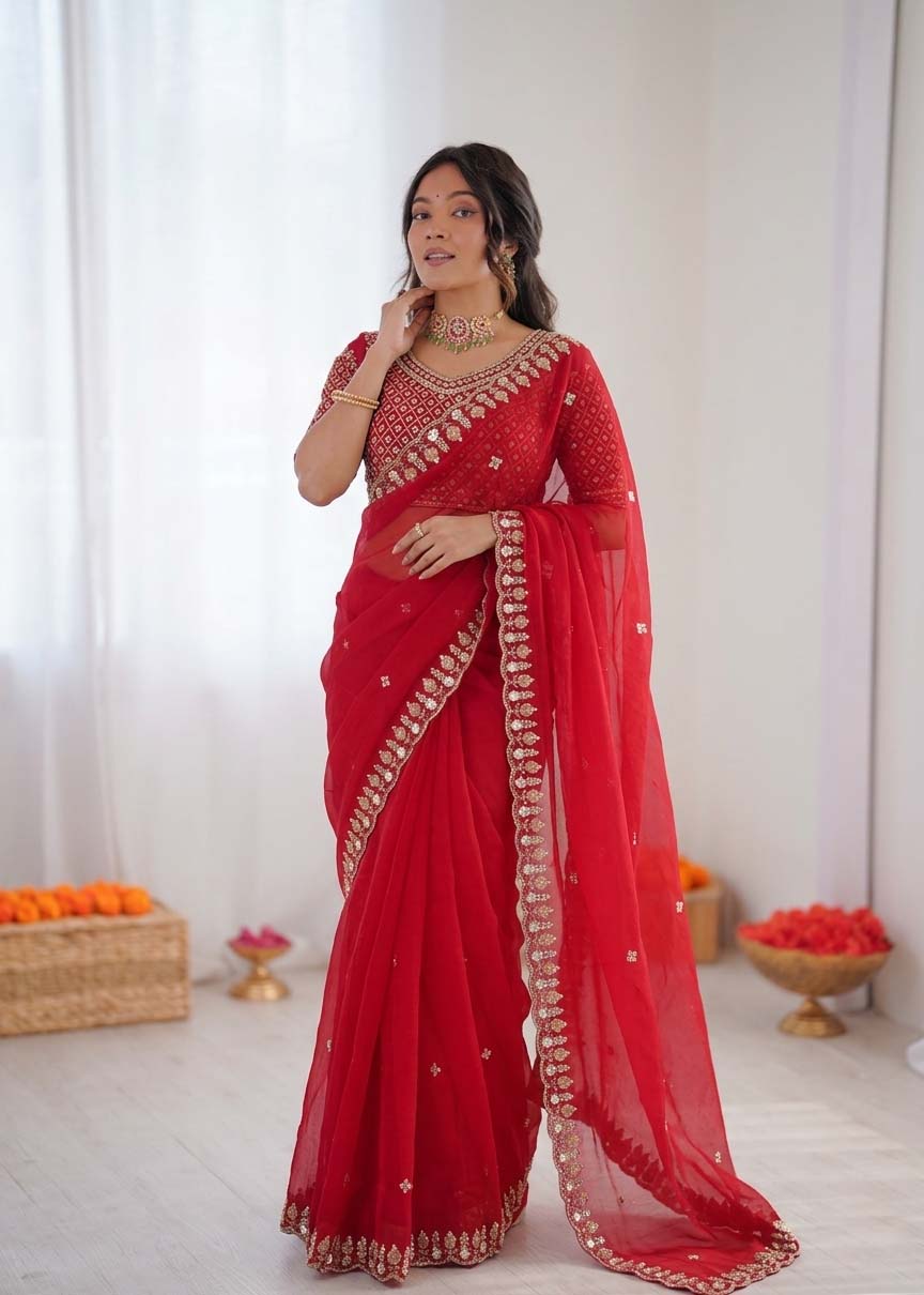 Prazu Fashion Red Sequence Beds Work Organza Silk Party Wear Saree - Distacart