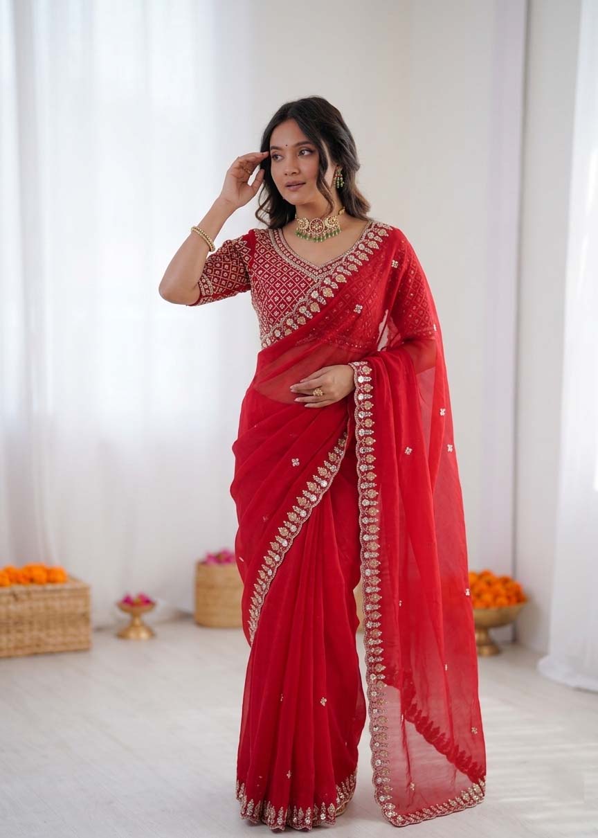 Prazu Fashion Red Sequence Beds Work Organza Silk Party Wear Saree - Distacart