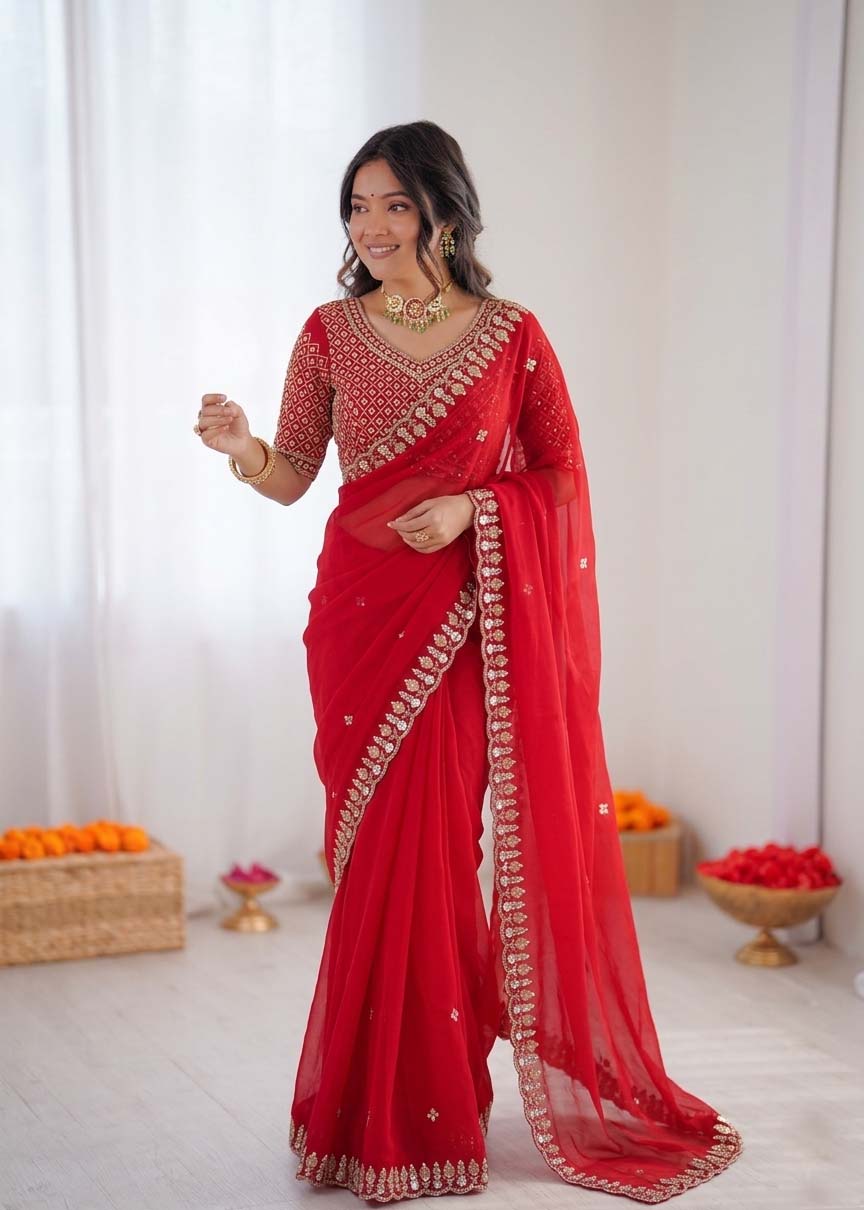 Prazu Fashion Red Sequence Beds Work Organza Silk Party Wear Saree - Distacart