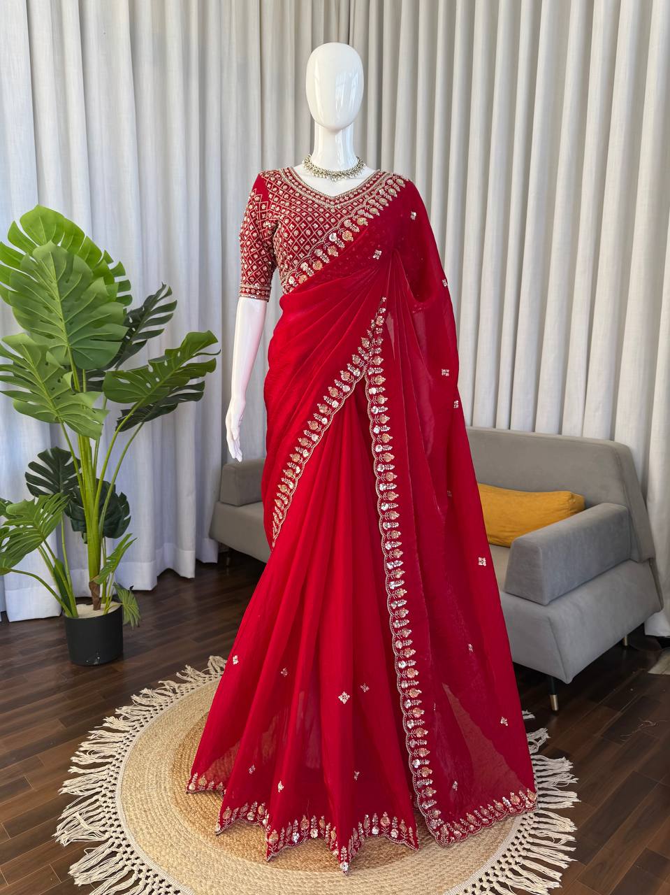 Prazu Fashion Red Sequence Beds Work Organza Silk Party Wear Saree - Distacart