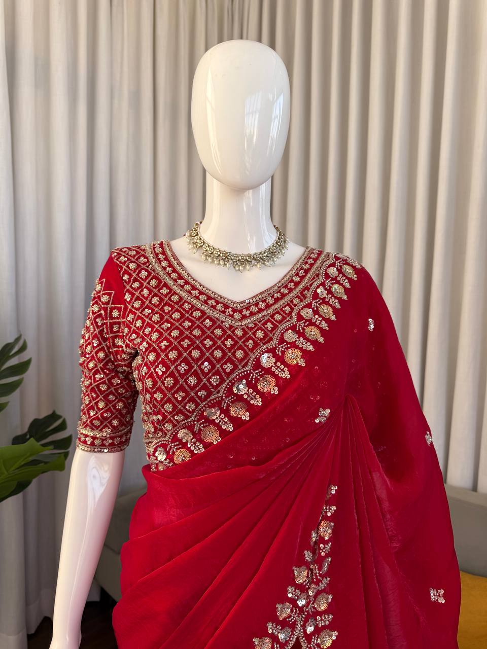 Prazu Fashion Red Sequence Beds Work Organza Silk Party Wear Saree - Distacart