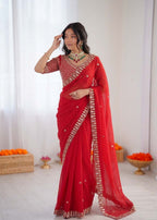 Prazu Fashion Red Sequence Beds Work Organza Silk Party Wear Saree - Distacart
