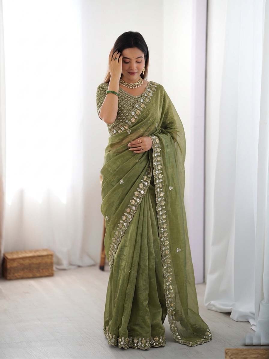 Prazu Fashion Mehendi Sequence Beds Work Organza Silk Party Wear Saree - Distacart
