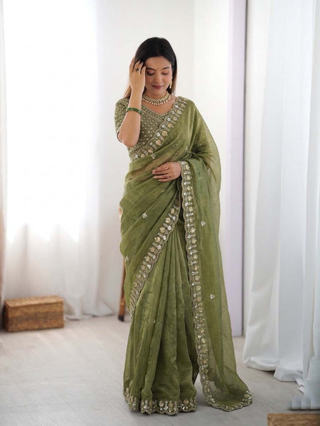 Prazu Fashion Mehendi Sequence Beds Work Organza Silk Party Wear Saree