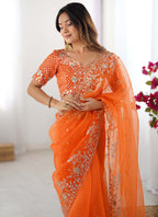 Prazu Fashion Orange Thread Sequence Organza Silk Party Wear Saree - Distacart