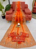 Prazu Fashion Orange Thread Sequence Organza Silk Party Wear Saree - Distacart