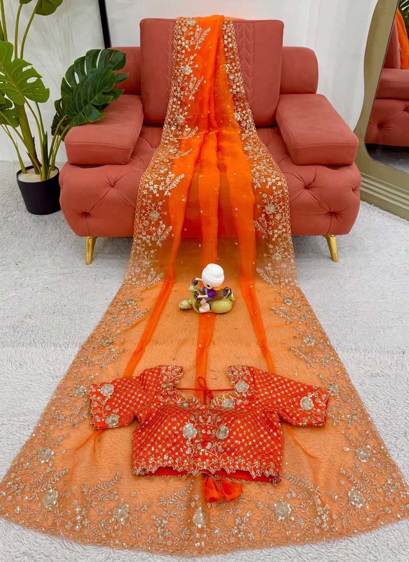 Prazu Fashion Orange Thread Sequence Organza Silk Party Wear Saree - Distacart