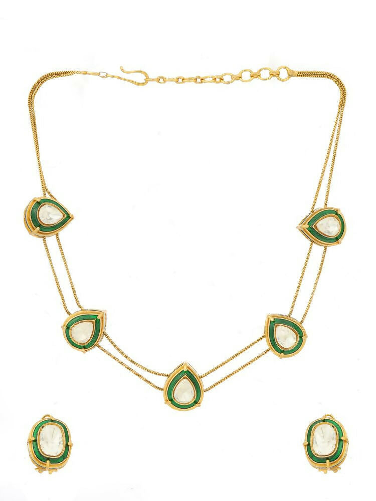 Green Meenakari Antique Finish Earrings and Drop Necklace set - Ruby Raang