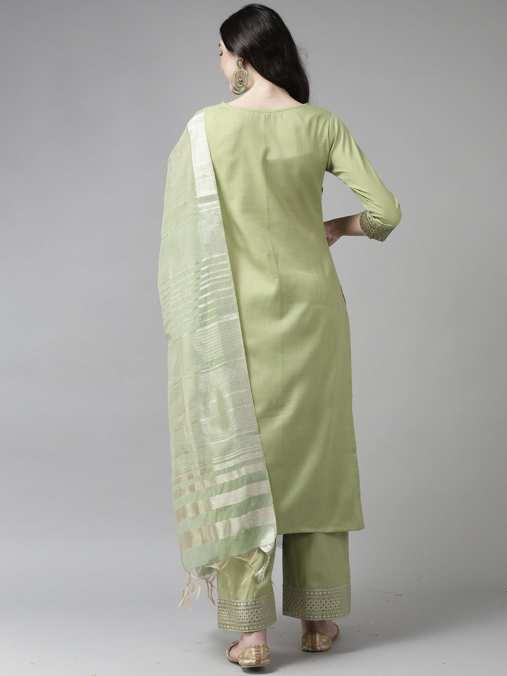Indo Era Solid Green Straight Kurta Palazzo With Dupatta Set