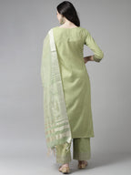 Indo Era Solid Green Straight Kurta Palazzo With Dupatta Set