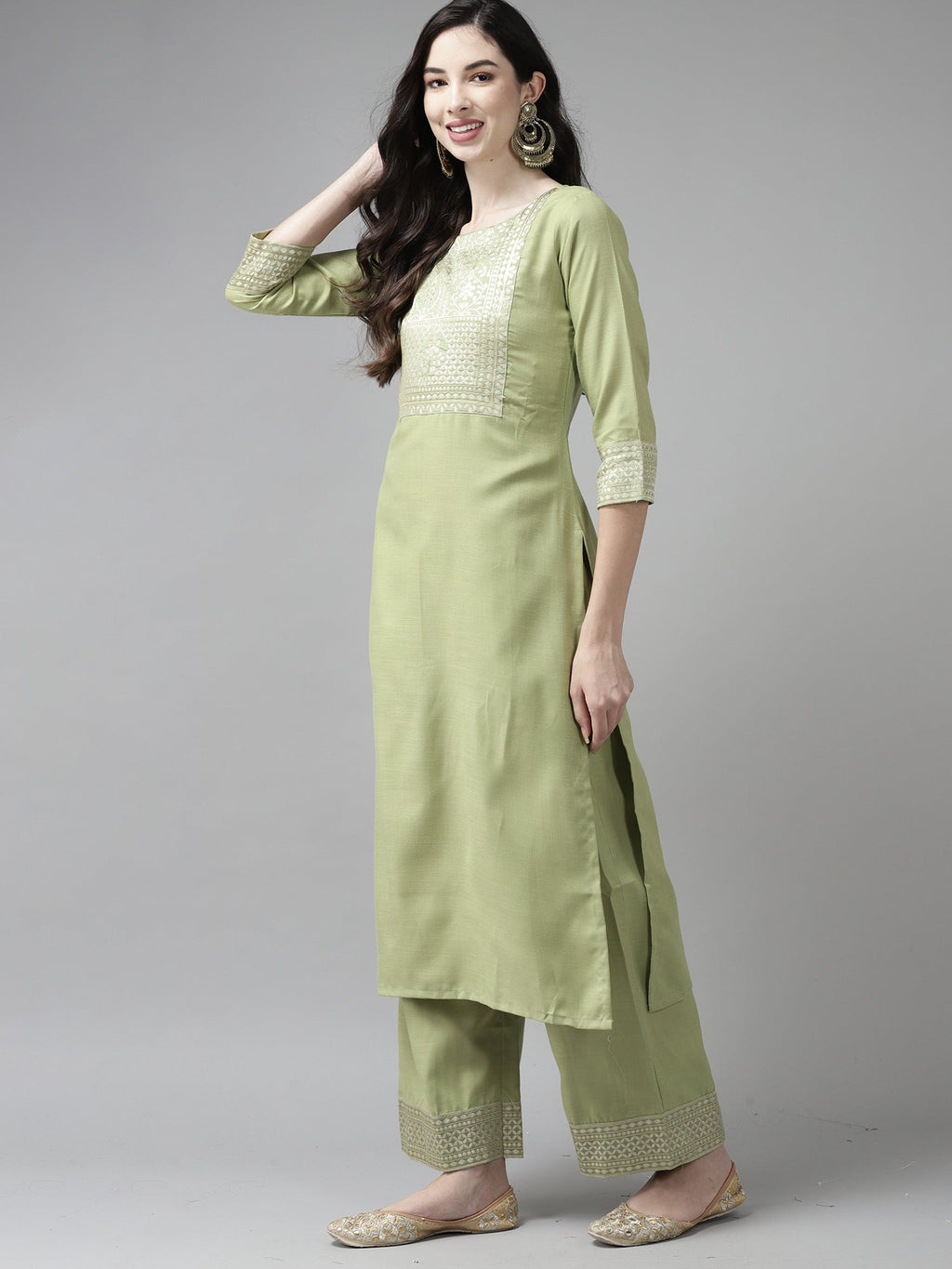 Indo Era Solid Green Straight Kurta Palazzo With Dupatta Set