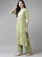 Indo Era Solid Green Straight Kurta Palazzo With Dupatta Set