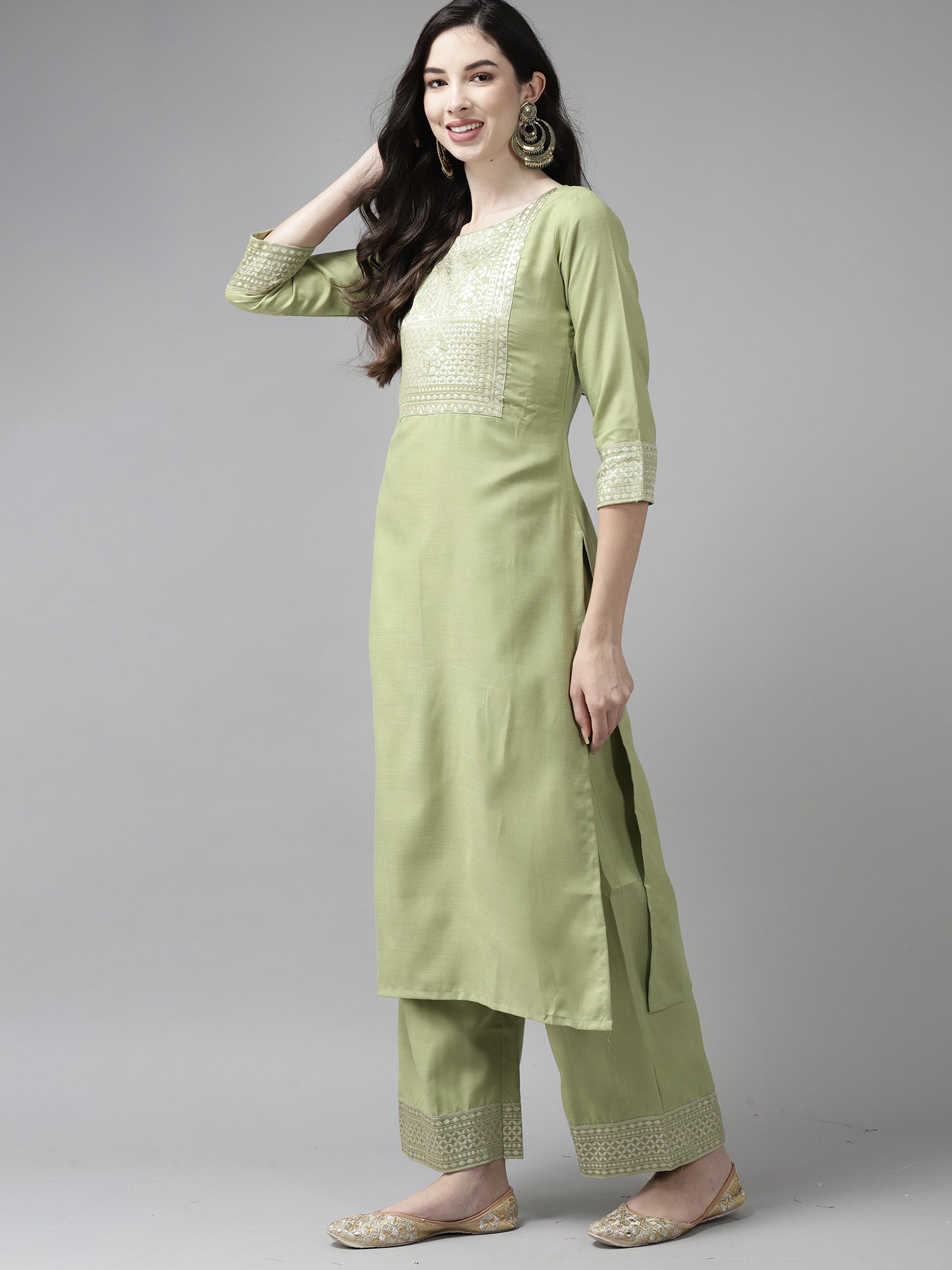 Indo Era Solid Green Straight Kurta Palazzo With Dupatta Set