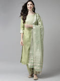 Indo Era Solid Green Straight Kurta Palazzo With Dupatta Set