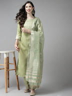 Indo Era Solid Green Straight Kurta Palazzo With Dupatta Set