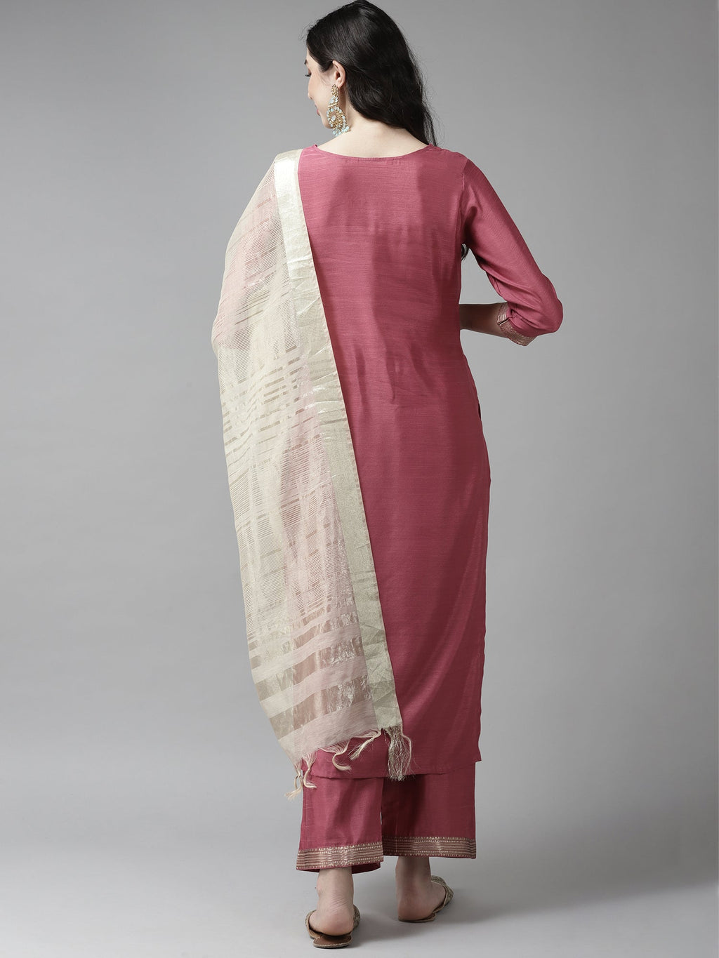 Indo Era Solid Pink Straight Kurta Palazzo With Dupatta Set
