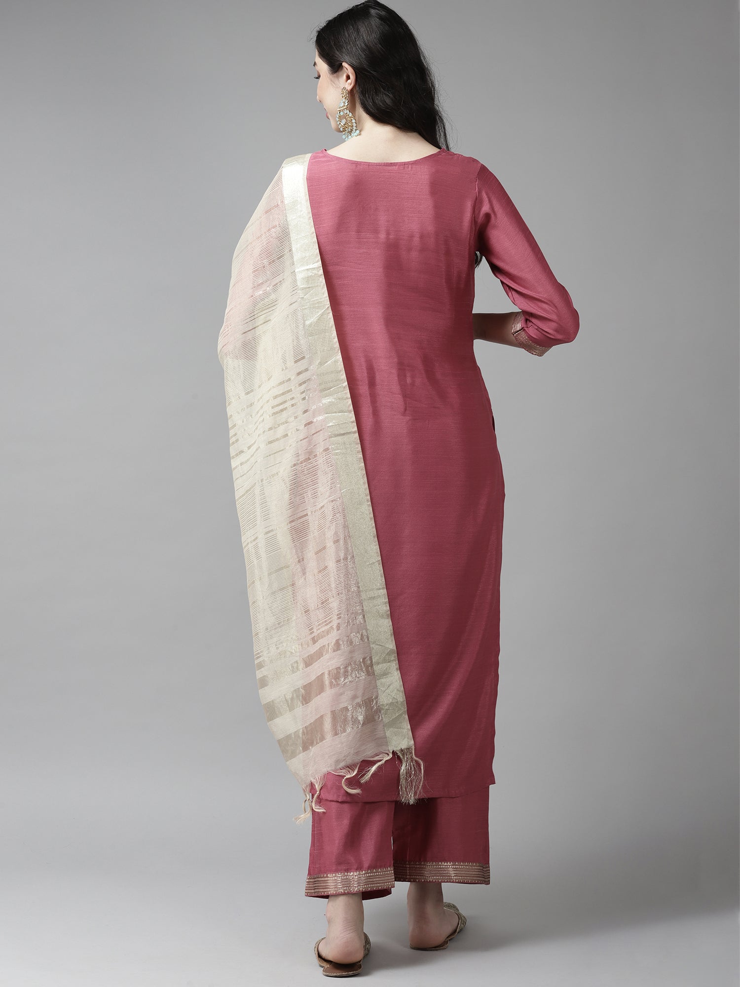 Indo Era Solid Pink Straight Kurta Palazzo With Dupatta Set