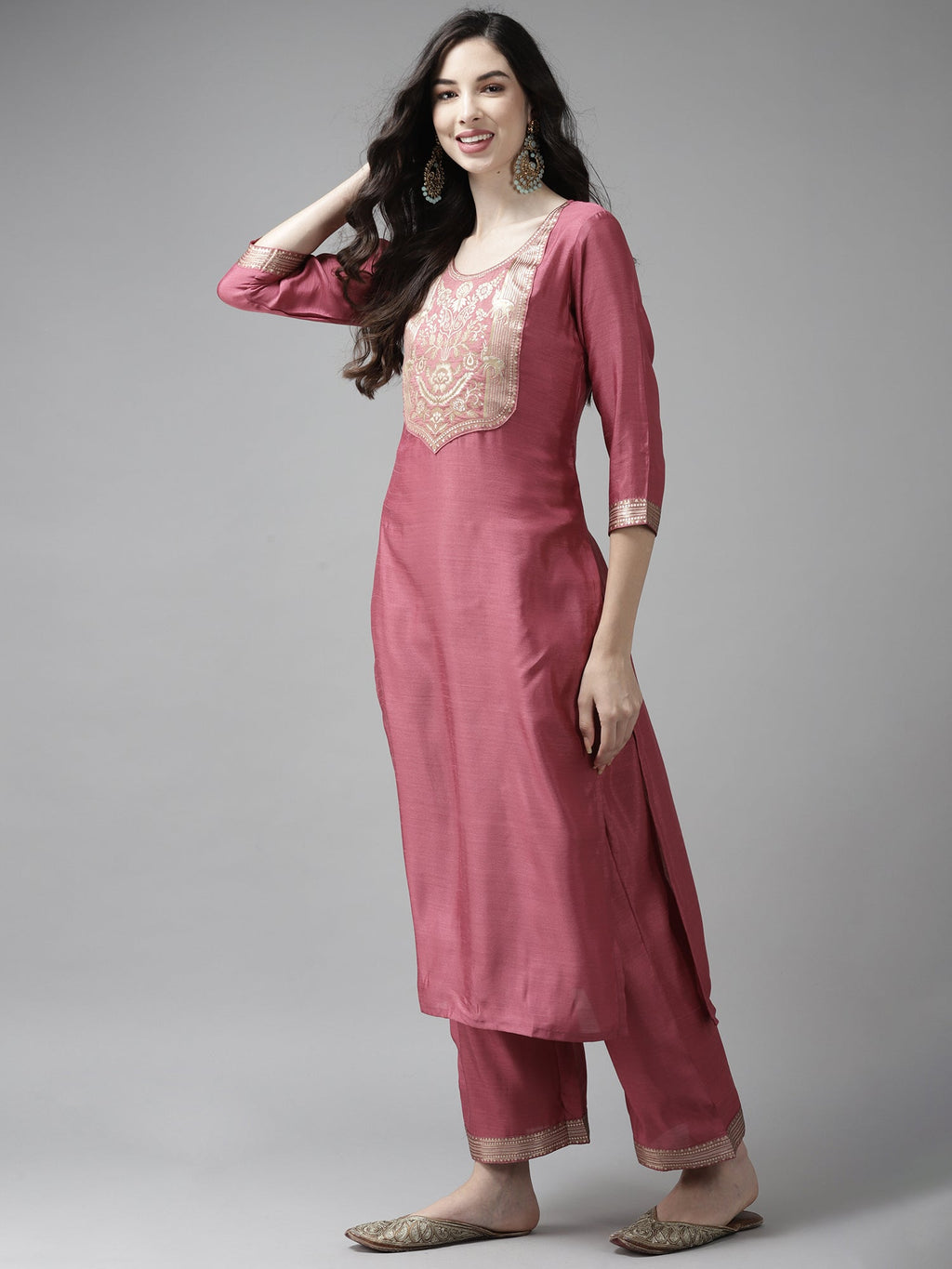 Indo Era Solid Pink Straight Kurta Palazzo With Dupatta Set