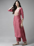 Indo Era Solid Pink Straight Kurta Palazzo With Dupatta Set