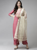 Indo Era Solid Pink Straight Kurta Palazzo With Dupatta Set